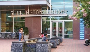 The Shirlington Library front entrance and outdoor area in Alexandria, VA