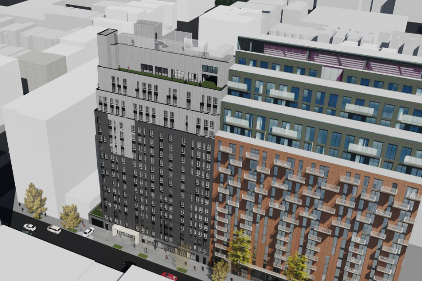 Rendering of a tall multifamily unit that's affordable in New York
