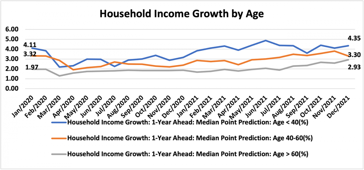 Line graph: Household Income Growth by Age, January 2020 to December 2021