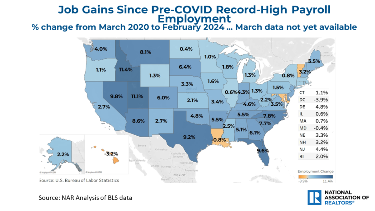 U.S. Map: Job Gains Since Pre-Covid, March 2020 to February 2024