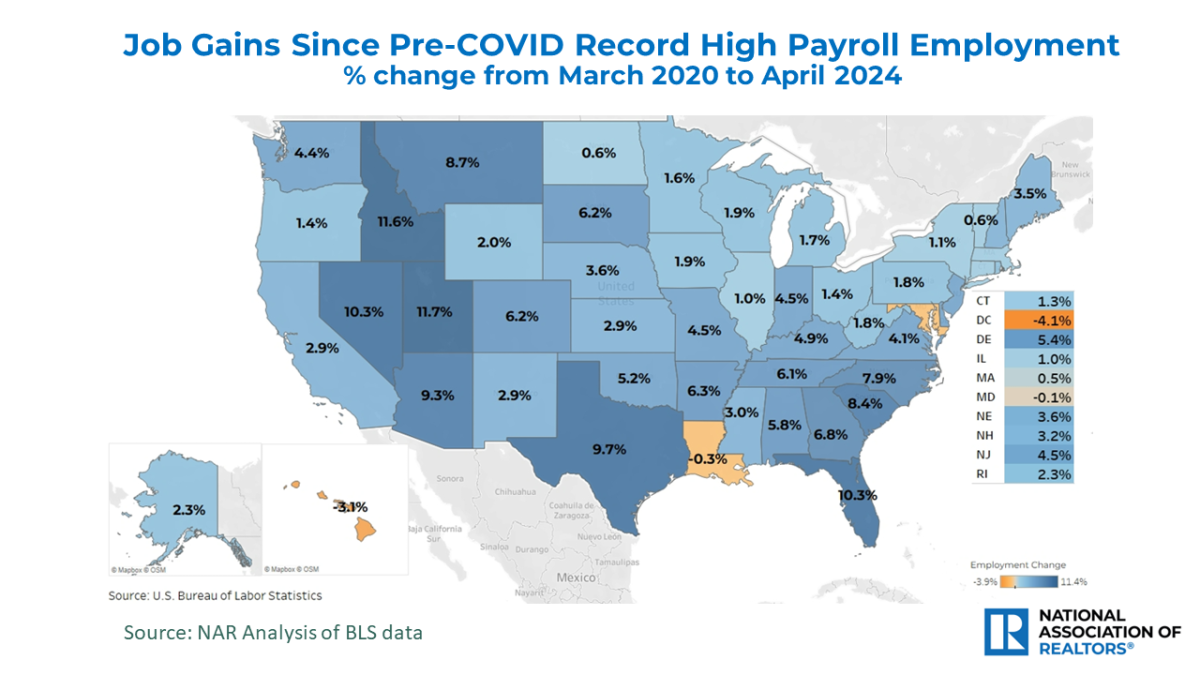 U.S. Map: Job Gains Since Pre-COVID Record-high Payroll Employment, March 2020 to April 2024