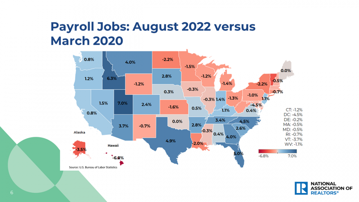 U.S. Map: Payroll Jobs, August 2022 vs March 2020
