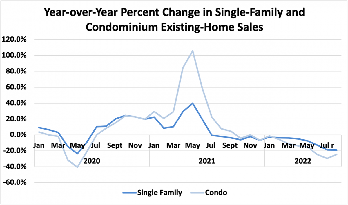 Line graph: Year-Over-Year Percent Change in Single-family and Condominium Existing-Home Sales, January 2020 to July 2022