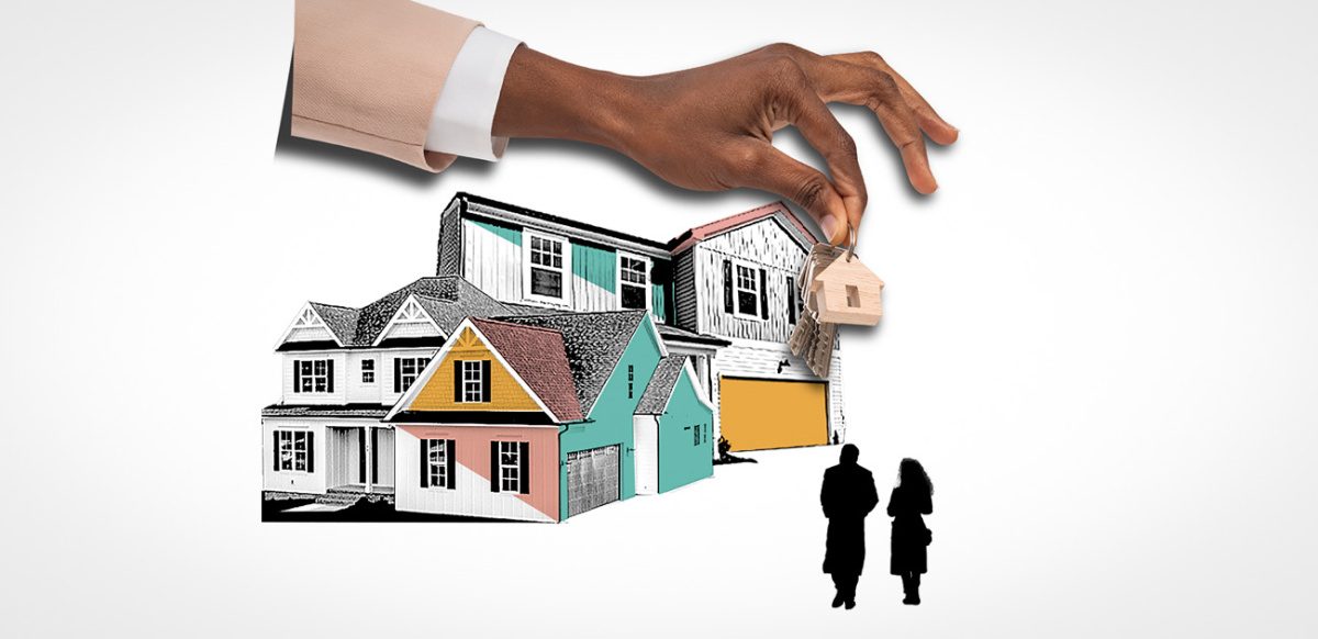 Illustration of couple looking at house with giant hand