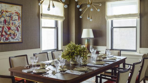 strong brown paired with white in dining room