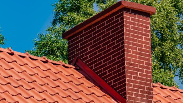 red brick chimney, tile roof