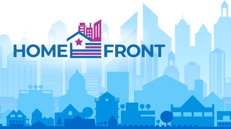 Home Front logo with buildings in background