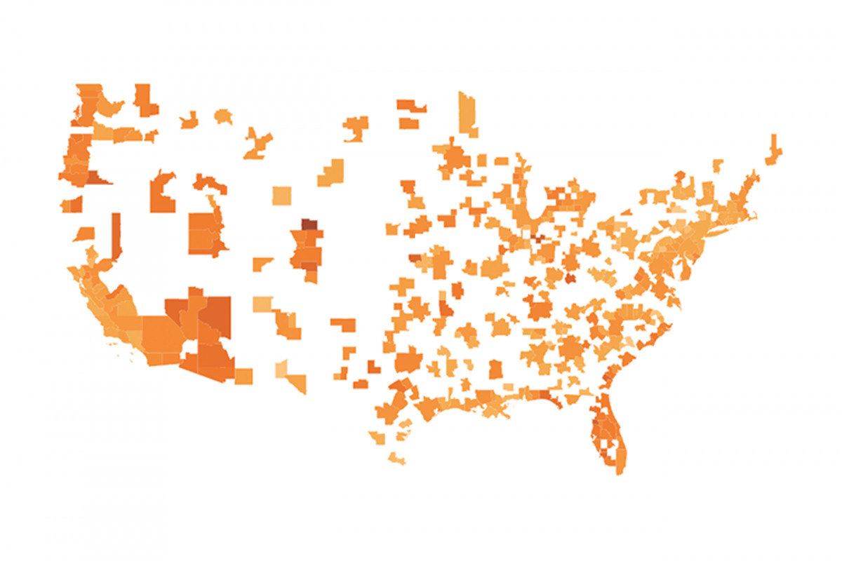 Orange map of metropolitan statistical areas in the U.S.