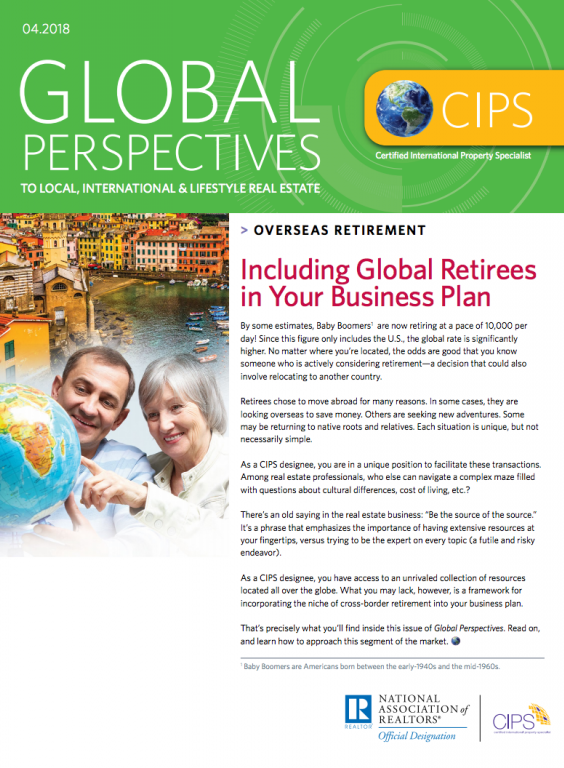 Cover of the April 2018 issue of Global Perspectives: Overseas Retirement