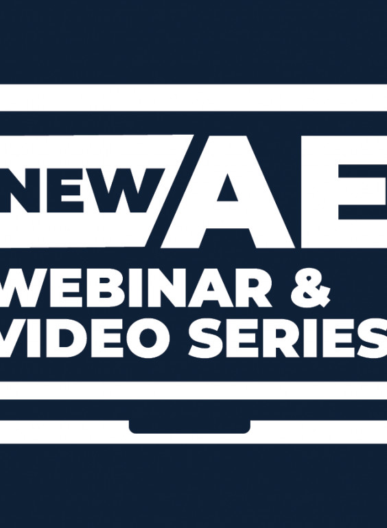 New AE Webinar & Video series computer logo on dark blue 