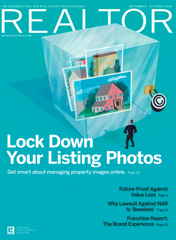 Aqua Green Colored Cover for the September/October 2019 issue of REALTOR® Magazine titled Lock down your listing photos