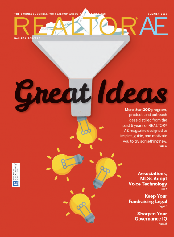 Cover image of the publication REALTOR® AE Magazine, Summer 2019 issue, Great ideas on a red background with light bulbs.