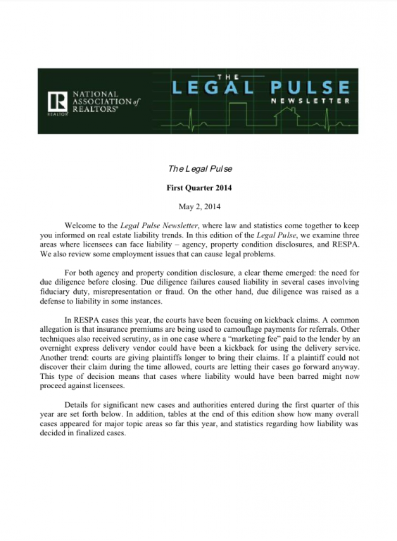 Cover of the 2014 Q1 issue of Legal Pulse: Agency, PCD, Rights, RESPA, Employment