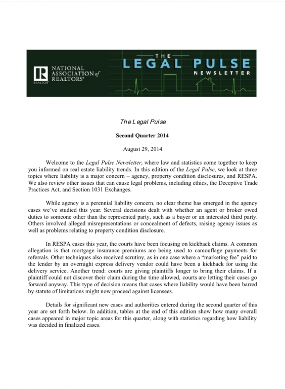 Cover of the 2014 Q2 issue of Legal Pulse: Agency, Property Condition Disclosure, RESPA, Ethics