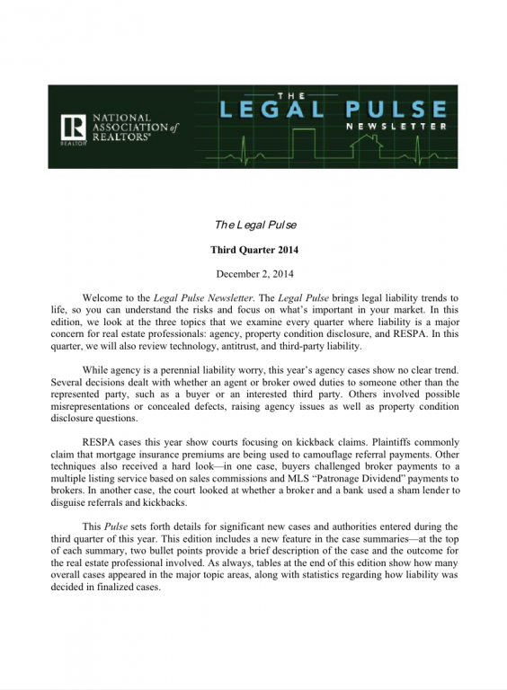Cover of the 2014 Q3 issue of Legal Pulse: Agency, Property Condition Disclosure, RESPA, Ethics