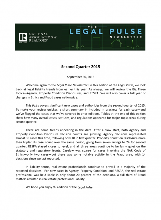 Cover of the 2015 Q2 issue of Legal Pulse: Agency, PCD, Cases, RESPA, Code of Ethics Update