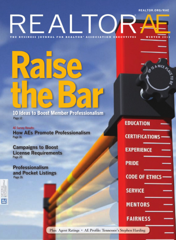 Cover of the 2014 Winter issue of REALTOR® AE Magazine: Raise the Bar
