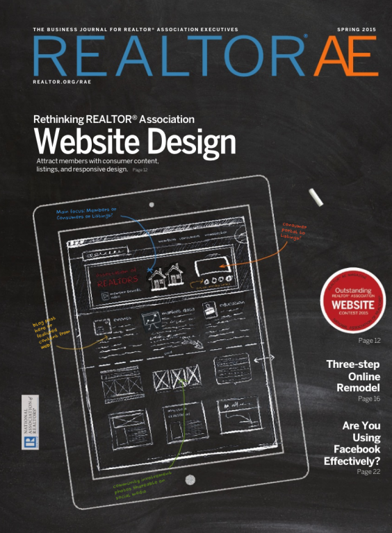 Cover of the 2015 Spring issue of REALTOR® AE Magazine: Rethinking REALTOR® Association Web Design