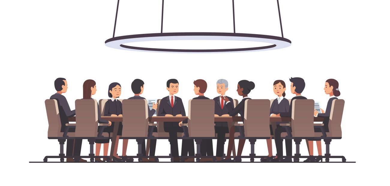 Illustrated business men and women at a board meeting