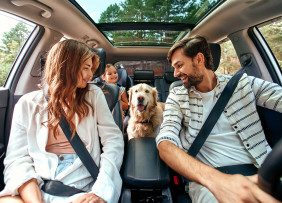 Family in a car with their dog