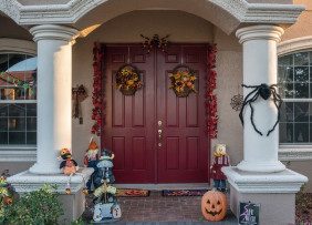 Front door/porch decorated for Halloween