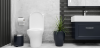 Modern elegance bathroom interior with toilet bowl, ceramic washbasin in marble floor and loft wall