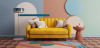 Midcentury modern interior design with yellow sofa and decoration wall, pastel colors