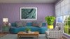 Living room with purple wall and teal couch